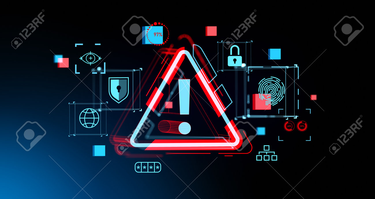 輝くサイバーセキュリティアイコン、赤いアラートシンボル、ロックと保護シールド付きの指紋。テクノロジー、インターネットプライバシー、機密情報のコンセプト。3Dレンダリングイラストの写真素材・画像素材  Image 207110299