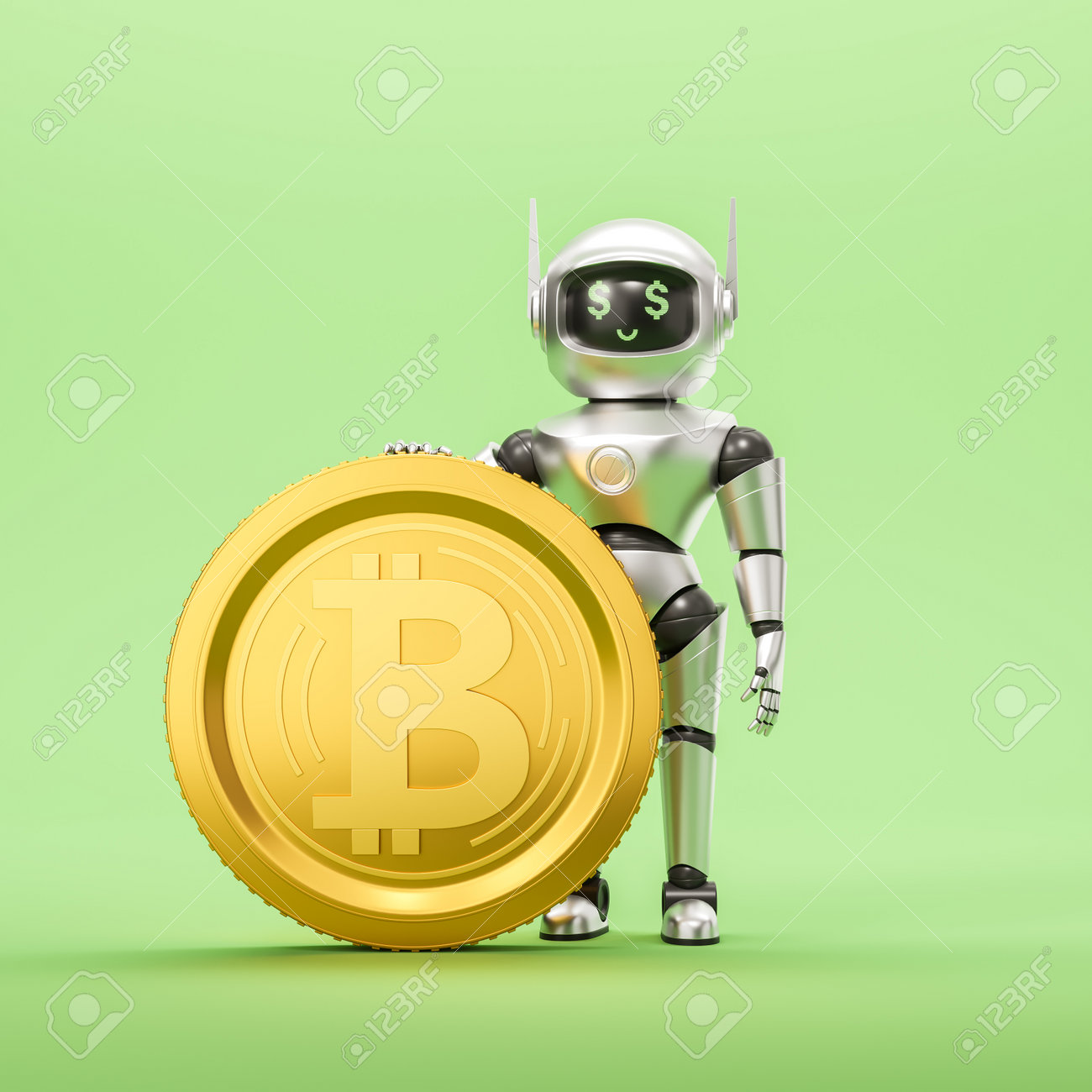 View Of White Artificial Intelligence Robot With Dollar Eyes Holding Big  Gold Bitcoin Standing Over Green Background. Concept Of Cryptocurrency And  Blockchain. 3d Rendering Stock Photo, Picture and Royalty Free Image. Image