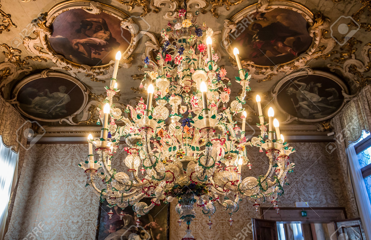 VENICE, ITALY, APRIL 22, 2018 : Murano Chandelier In Of Ca ...