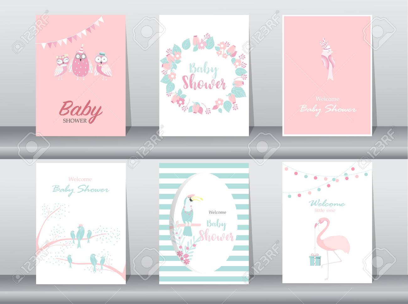 ベビー シャワーの招待状カードのセット ポスター グリーティング カード テンプレート 鳥 フクロウ フラミンゴ ベクトル イラスト のイラスト素材 ベクタ Image