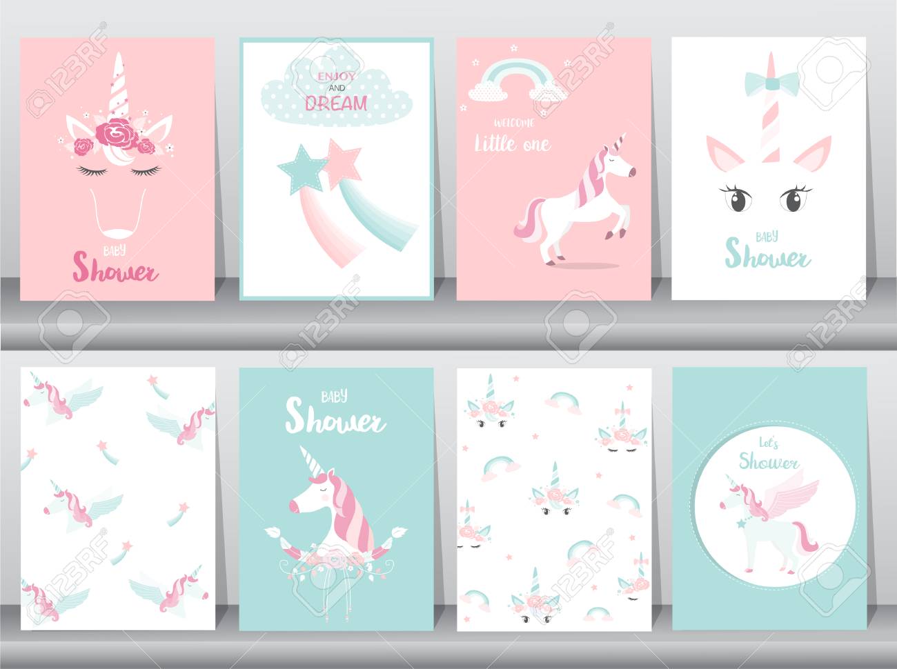 ベビー シャワーの招待状カードのセット ポスター グリーティング カード テンプレート 動物 ユニコーン ベクトル イラスト のイラスト素材 ベクタ Image