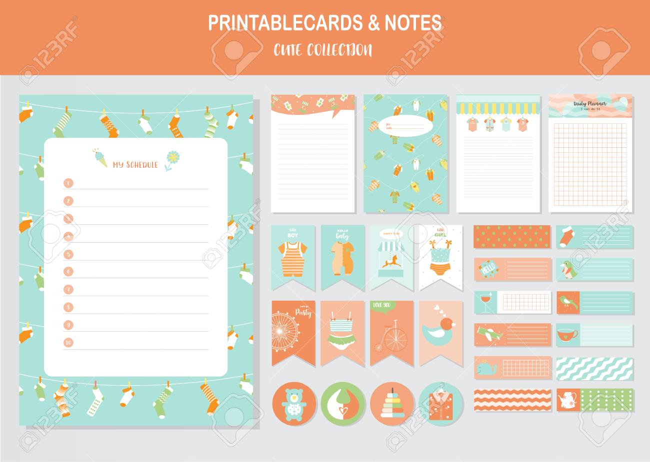 赤ちゃんの服とかわいいベクターカードのセット ソック ベビーシャワー おもちゃ 印刷可能な タグ カード テンプレート ノート ステッカー ラベル スクラップ予約 おめでとうございます 招待状 ベクトルイラスト のイラスト素材 ベクタ Image