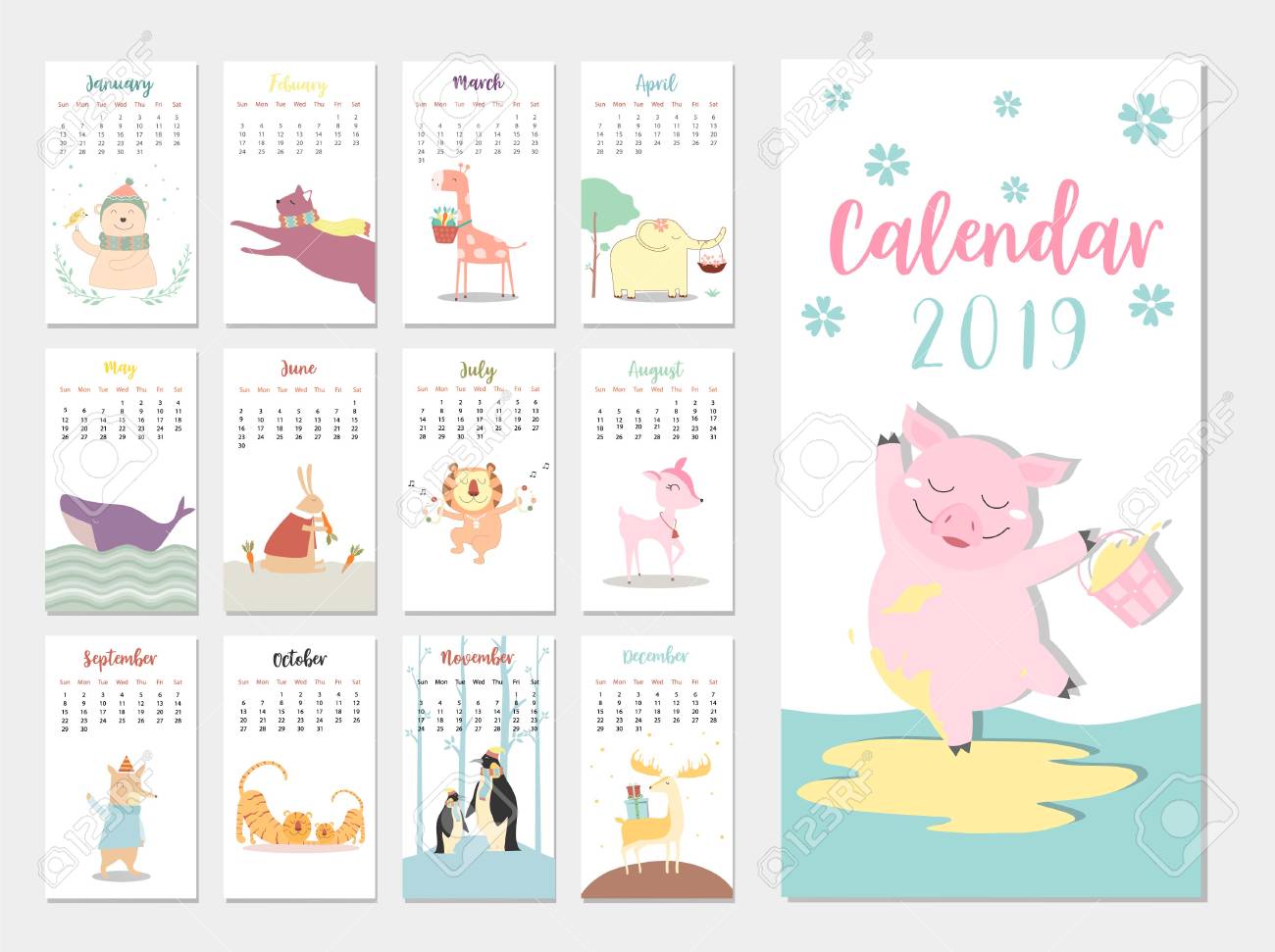 cute animal calendar 2019 design the year of the pig monthly the year calendar