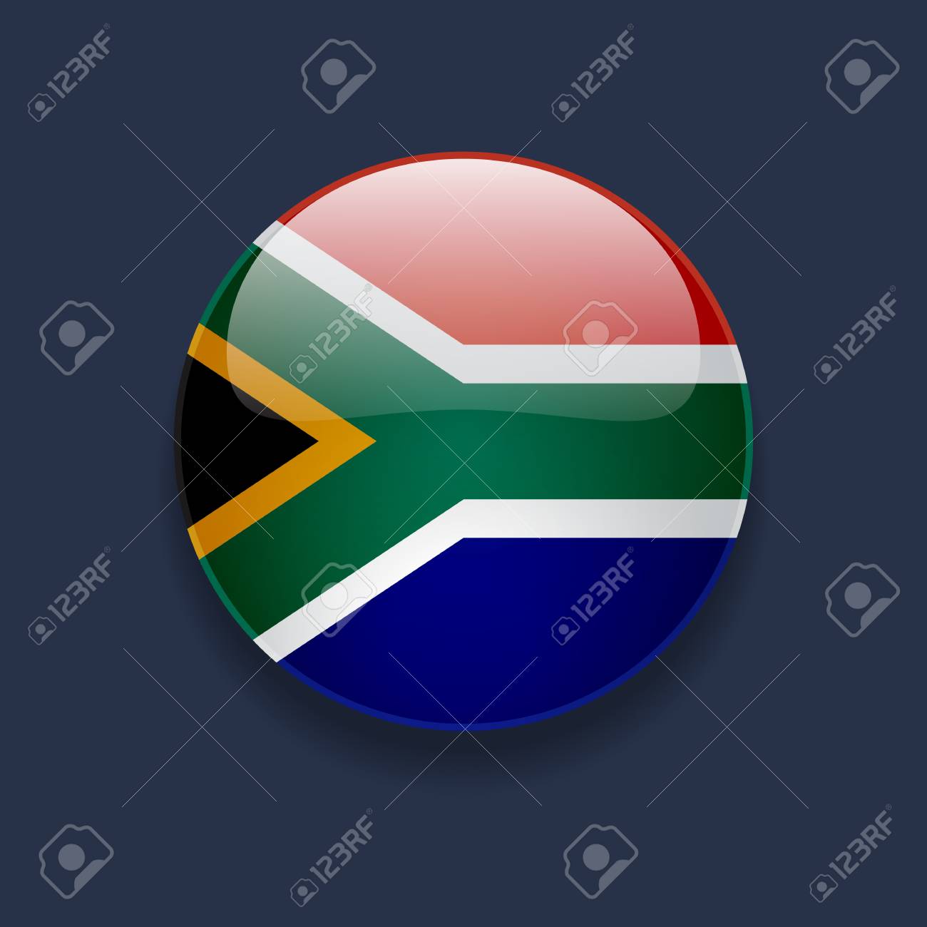 暗い青色の背景に南アフリカ共和国の国旗とラウンドの光沢のあるアイコンのイラスト素材 ベクタ Image