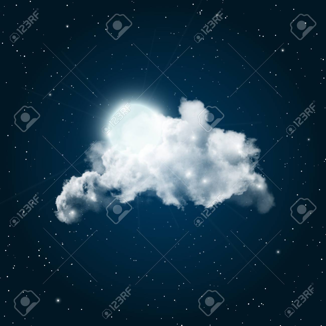 満月の大きな現実的な透明な雲を通って照る 暗い夜の空のイラストです のイラスト素材 ベクタ Image