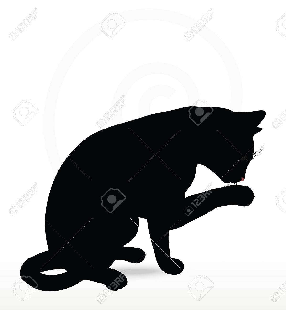 足の洗浄で猫シルエット ポーズに孤立した白い背景 のイラスト素材 ベクタ Image