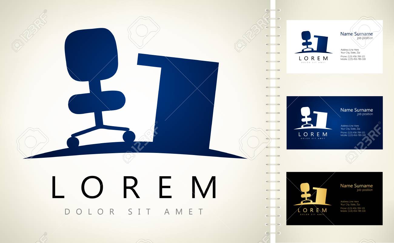 office furniture chair and desk vector design with business card