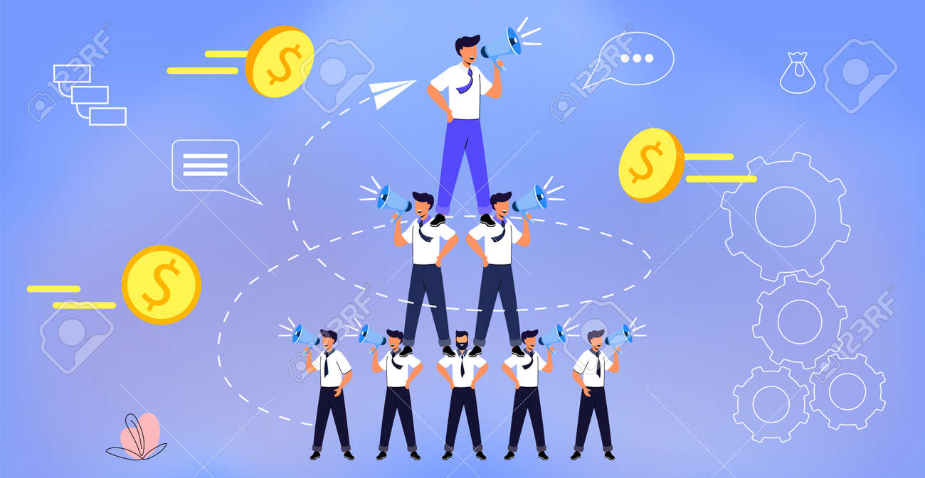 가짜 회사 이익 통계 금융 사기 불법 투자 사기의 피해자인 투자자 그룹과 함께하는 폰지 사기 비즈니스 피라미드 네트워크. 사람들이 개념  벡터 일러스트 레이 션에서 돈을 훔치는 로열티 무료 사진, 그림, 이미지 그리고