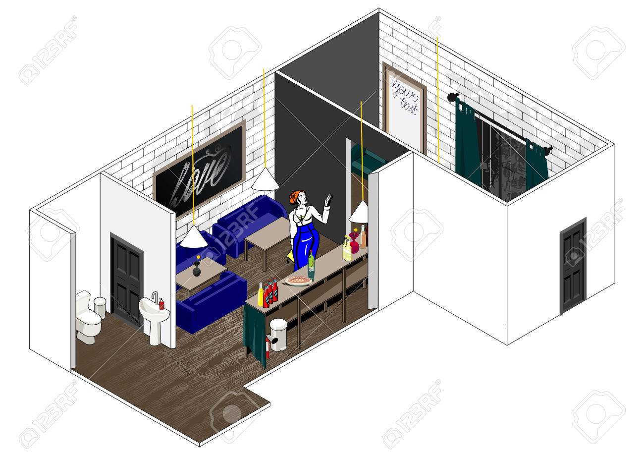 vector isometric cut of a house stylish interior, schematicstylish interior, schematic illustrating of restaurant arrangement can be used as icon or gameplay for games and mobile apps