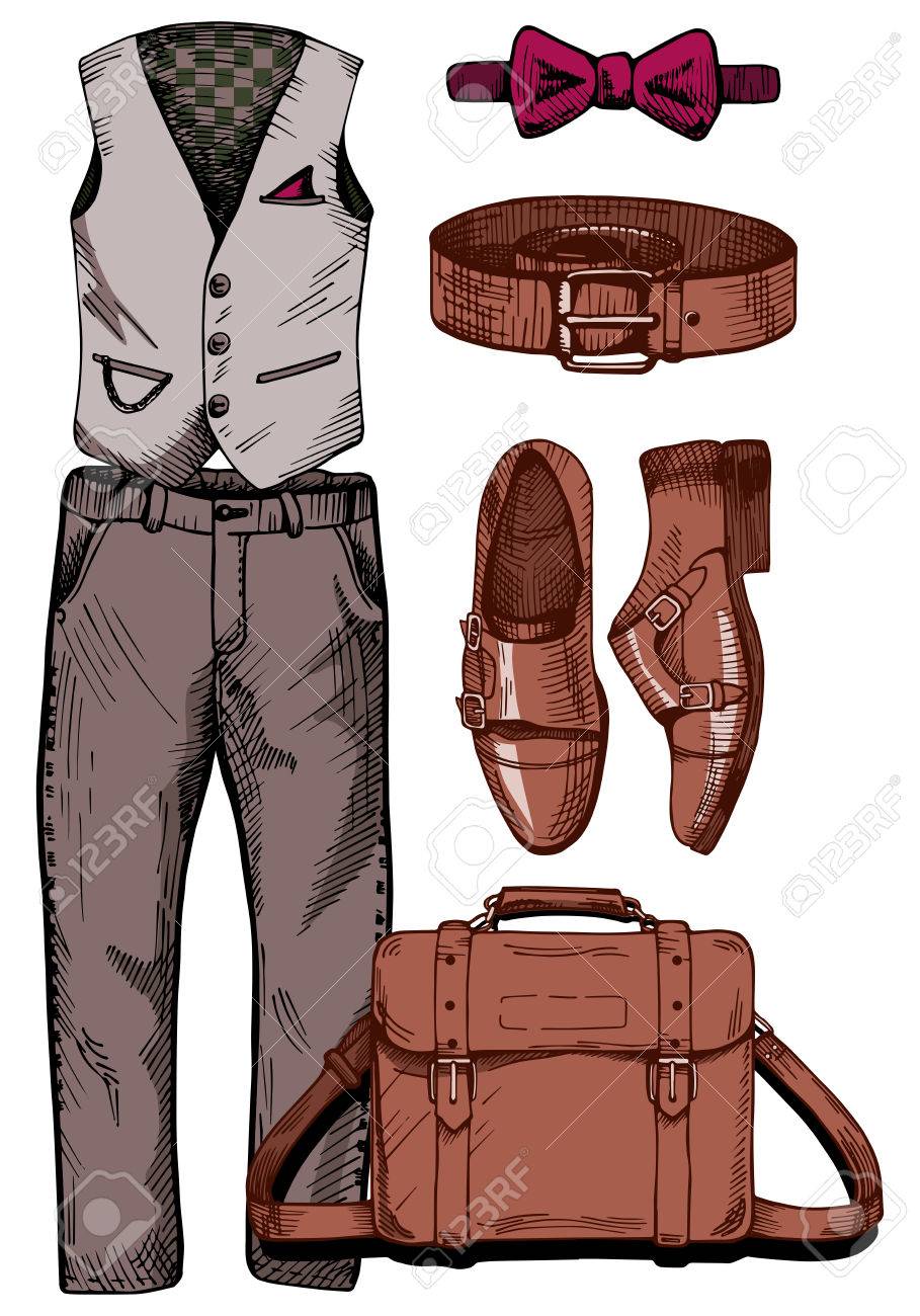 ベクトル流行の男性服セットのイラスト 紳士ベスト カジュアル パンツ 蝶ネクタイ バタフライ 革のベルト モンク シューズ メッセン ジャー バッグ ビンテージ スタイルの描画します のイラスト素材 ベクタ Image