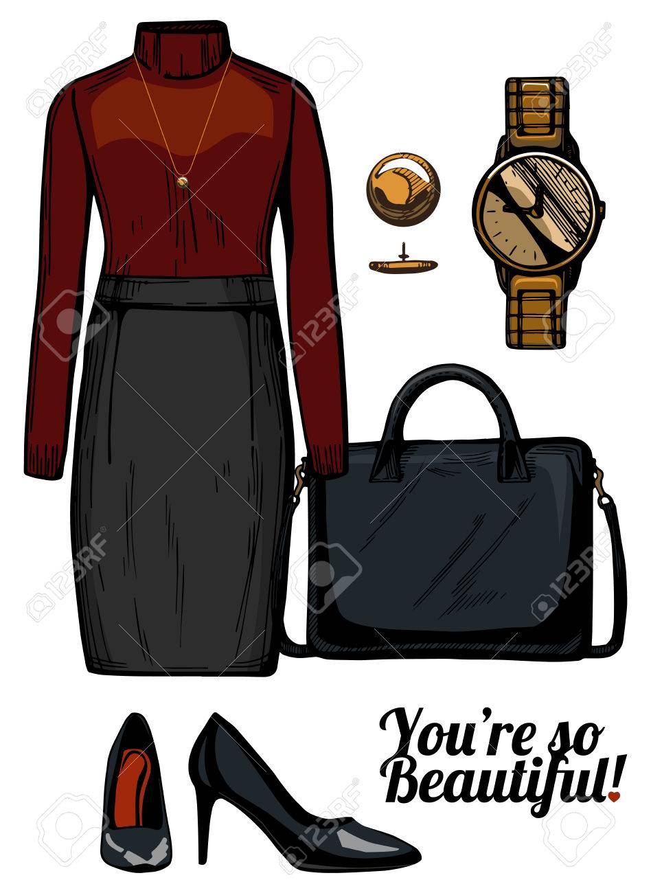 女性のファッションの服のベクトル イラスト見てセット タートルネック ブラウス スカート バッグの構造 パテント レザー ポンプ靴 黄金時計 手描きスタイル 色のインクします のイラスト素材 ベクタ Image