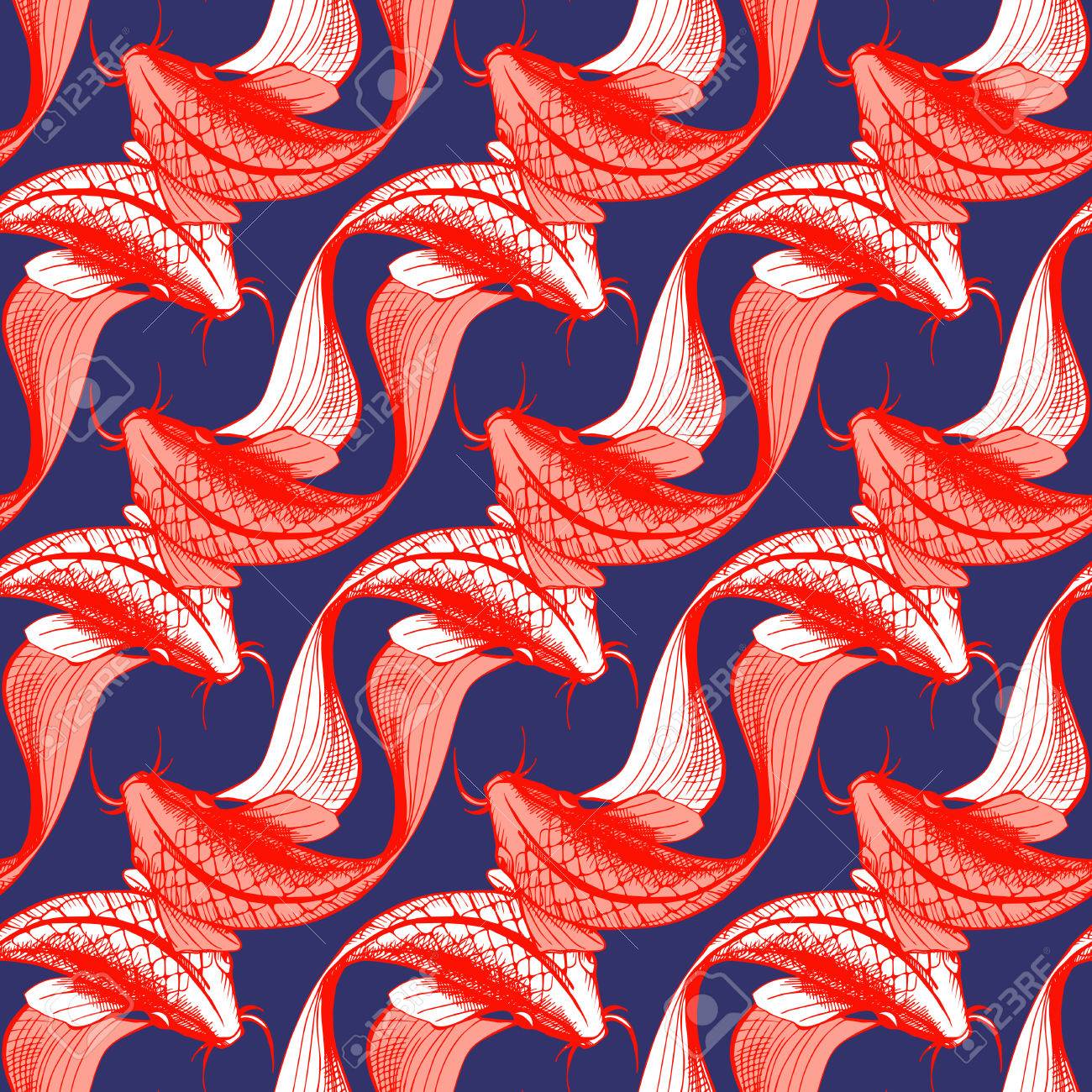 恋魚のシームレス パターンのベクトル イラスト Japaneese 風プリント 目の錯覚 暗い青色の背景は 明るい赤の要素 のイラスト素材 ベクタ Image