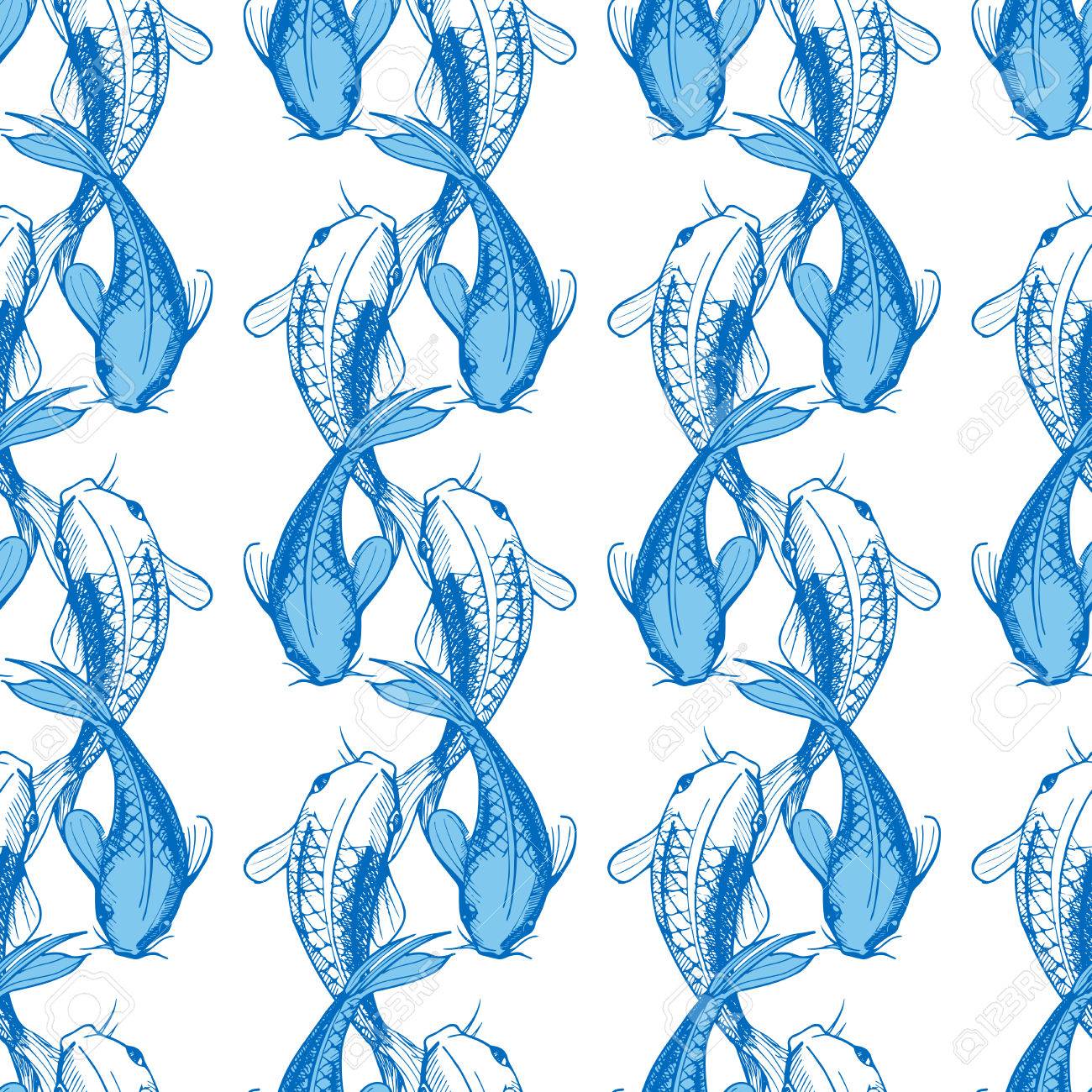 恋魚のシームレス パターンのベクトル イラスト Japaneese 風プリント 目の錯覚 背景を白 青色素子の光します のイラスト素材 ベクタ Image