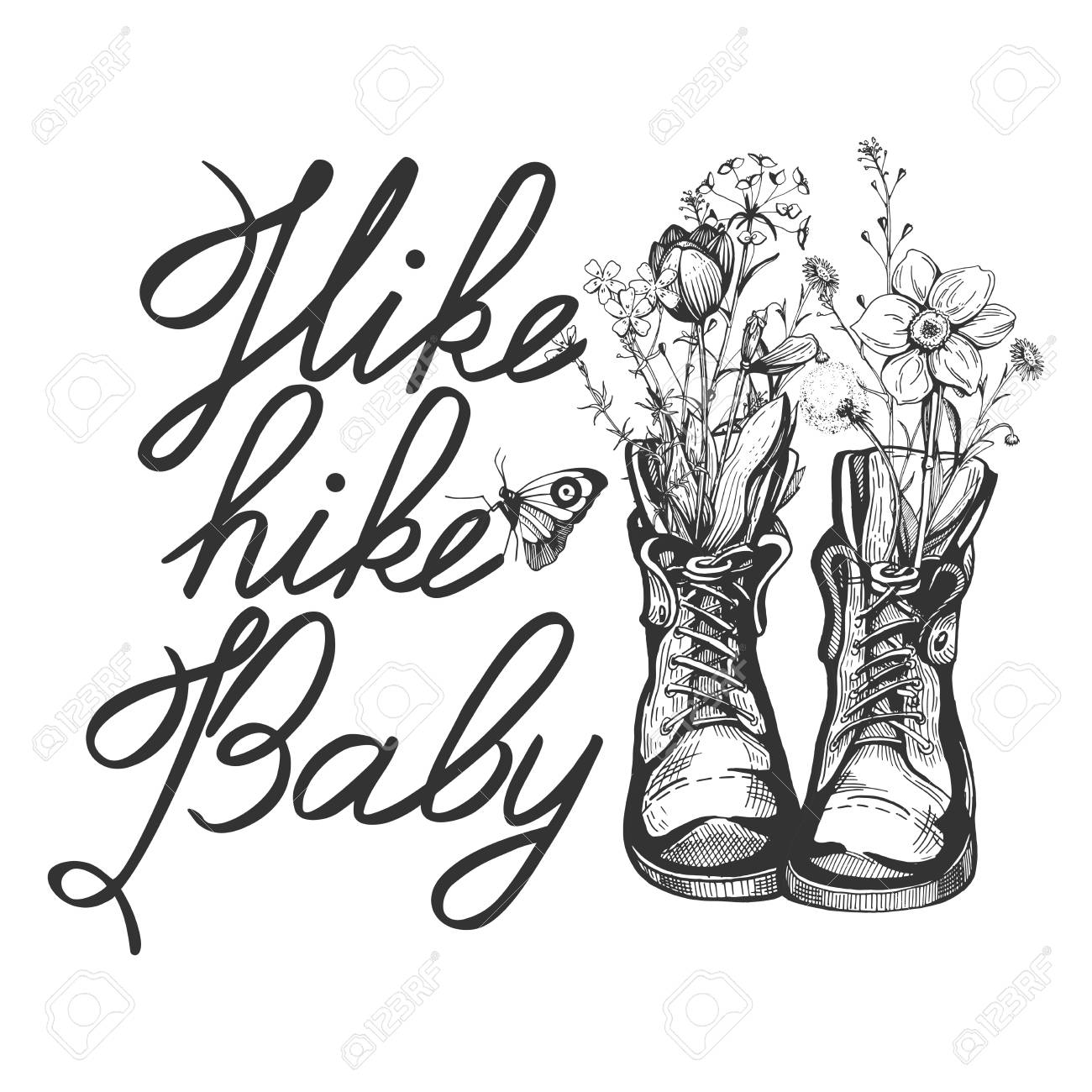 Vector illustration of an old vintage boots filled with wild field flowers. Calligraphy motivational quote inscription Hike baby. Hand drawn engraving style. - 103066288 Vector illustration of an old vintage boots filled with wild field flowers. Calligraphy motivational quote inscription Hike baby. Hand drawn engraving style. - 103066288