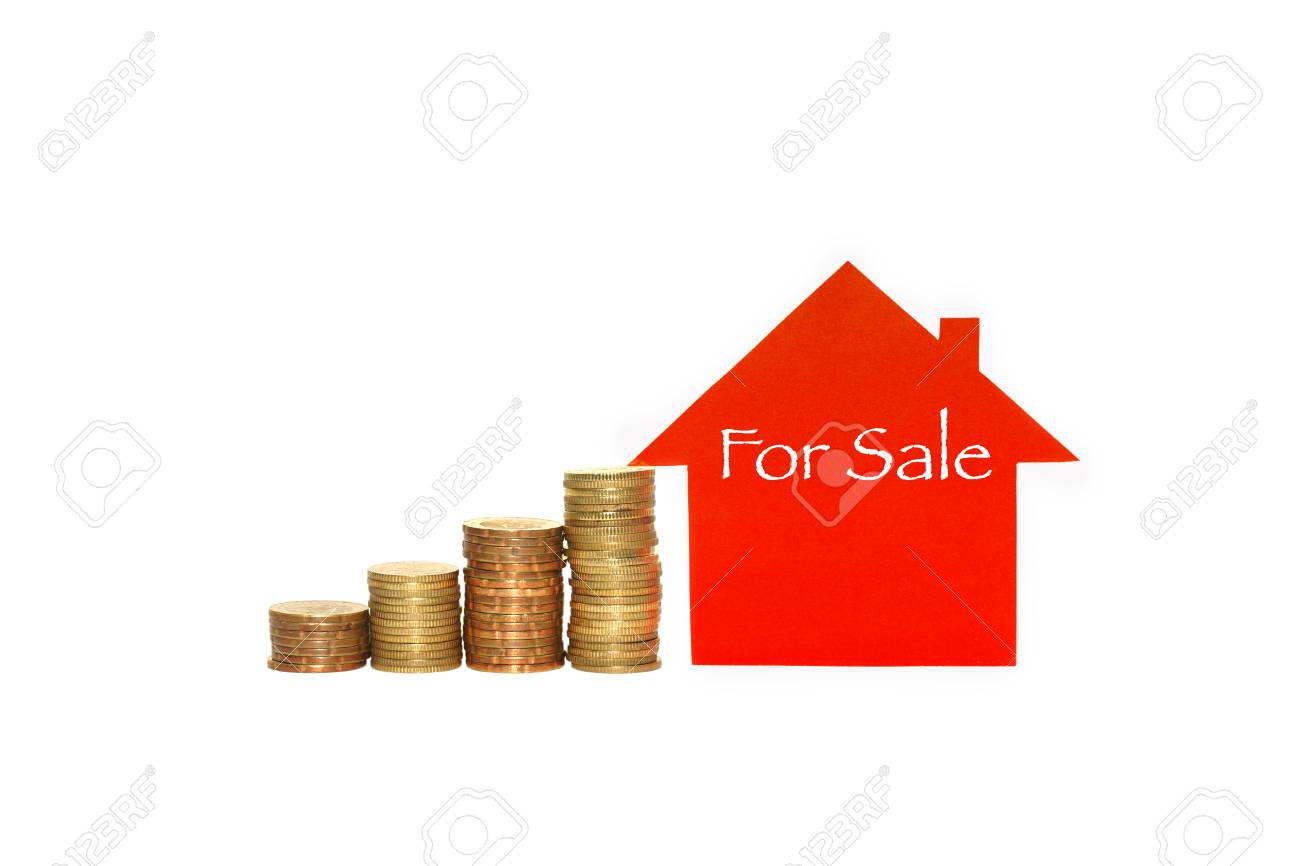 real estate investment house and coins on white background and
