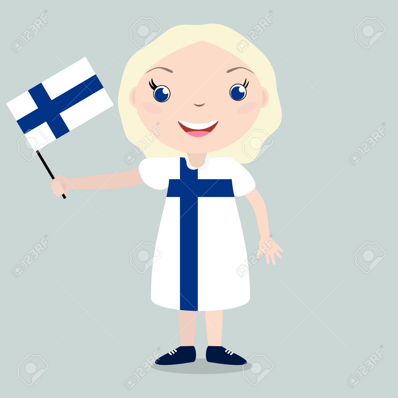 Smiling Child, Girl, Holding A Finland Flag Isolated On White Background.  Vector Cartoon Mascot. Holiday Illustration To The Day Of The Country,  Independence Day, Flag Day. Royalty Free SVG, Cliparts, Vectors, and, image size:1300x1300