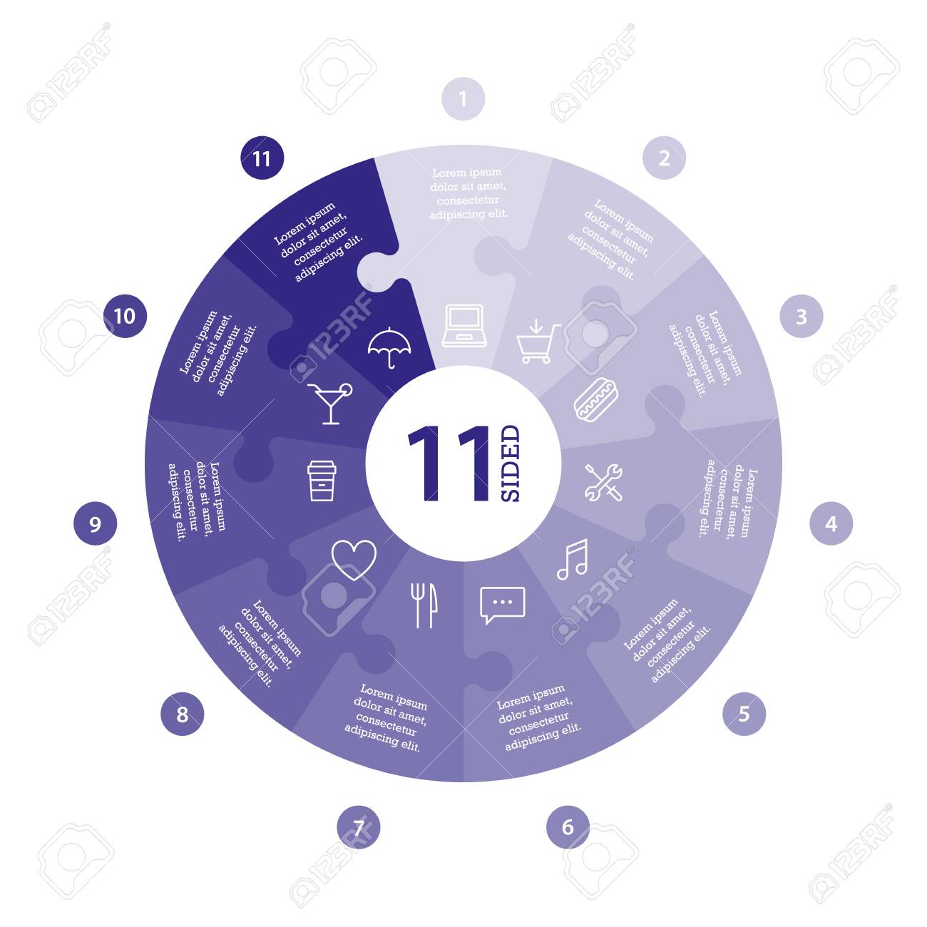 Flat monocolor puzzle presentation infographic chart. Numbered with icons and explanatory text isolated on white background. Vector graphic template. - 47450158 Flat monocolor puzzle presentation infographic chart. Numbered with icons and explanatory text isolated on white background. Vector graphic template. - 47450158