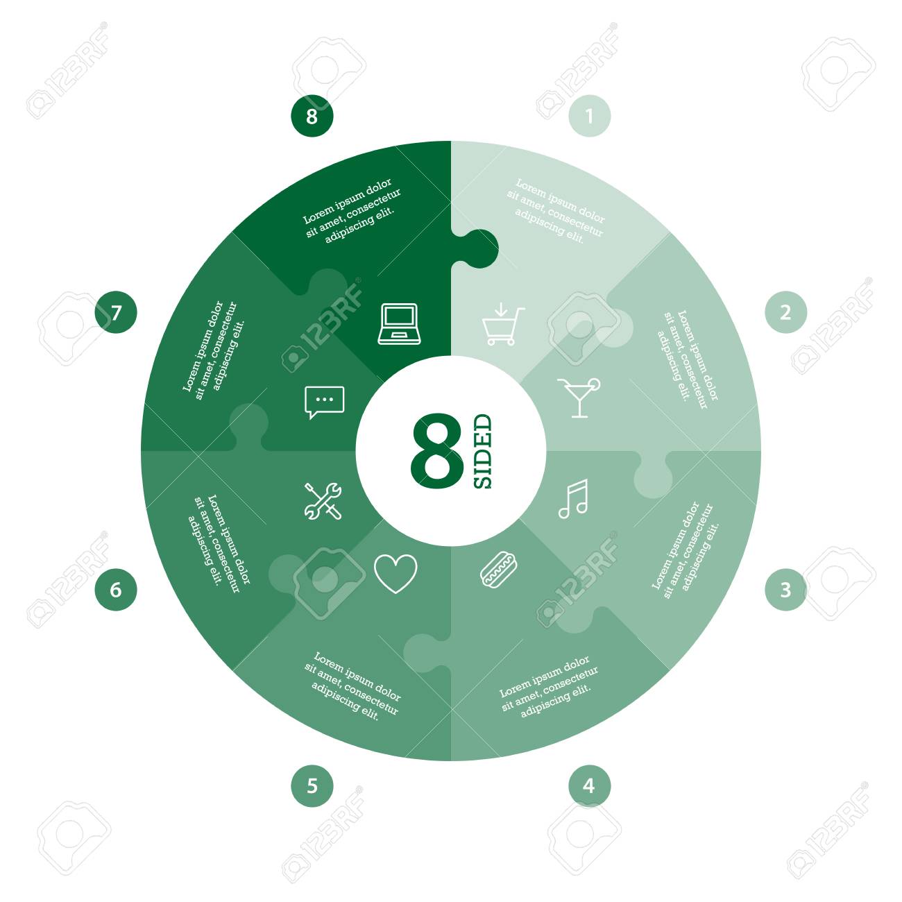 Flat monocolor puzzle presentation infographic chart. Numbered with icons and explanatory text isolated on white background. Vector graphic template. - 47450309 Flat monocolor puzzle presentation infographic chart. Numbered with icons and explanatory text isolated on white background. Vector graphic template. - 47450309