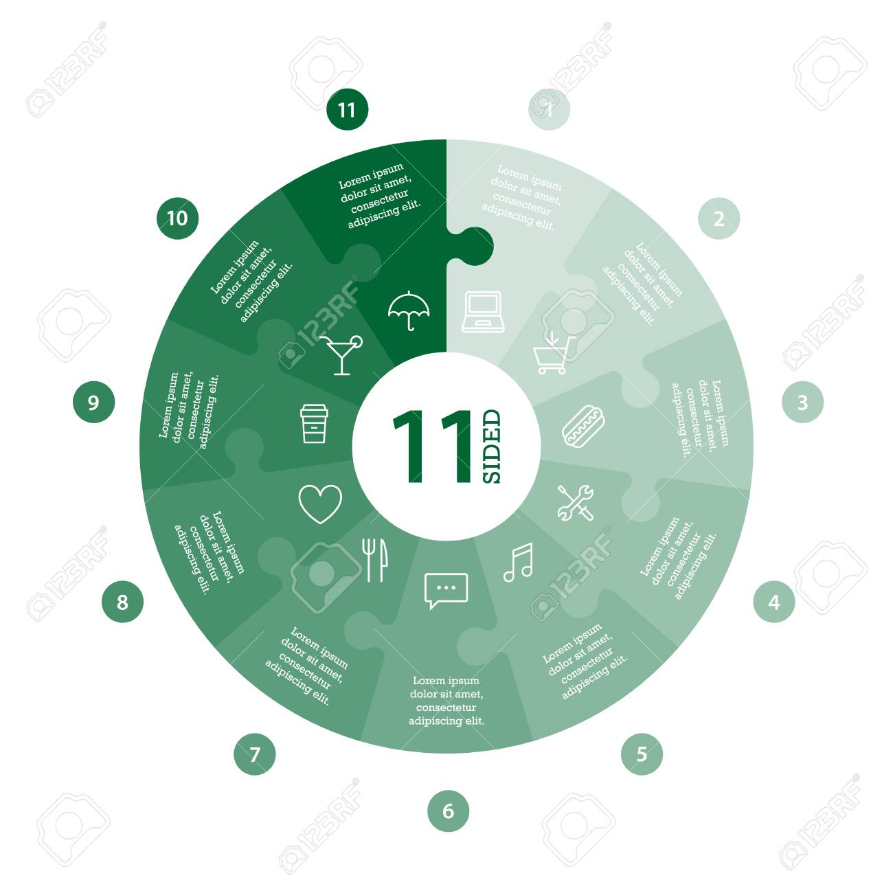 Flat monocolor puzzle presentation infographic chart. Numbered with icons and explanatory text isolated on white background. Vector graphic template. - 47450312 Flat monocolor puzzle presentation infographic chart. Numbered with icons and explanatory text isolated on white background. Vector graphic template. - 47450312