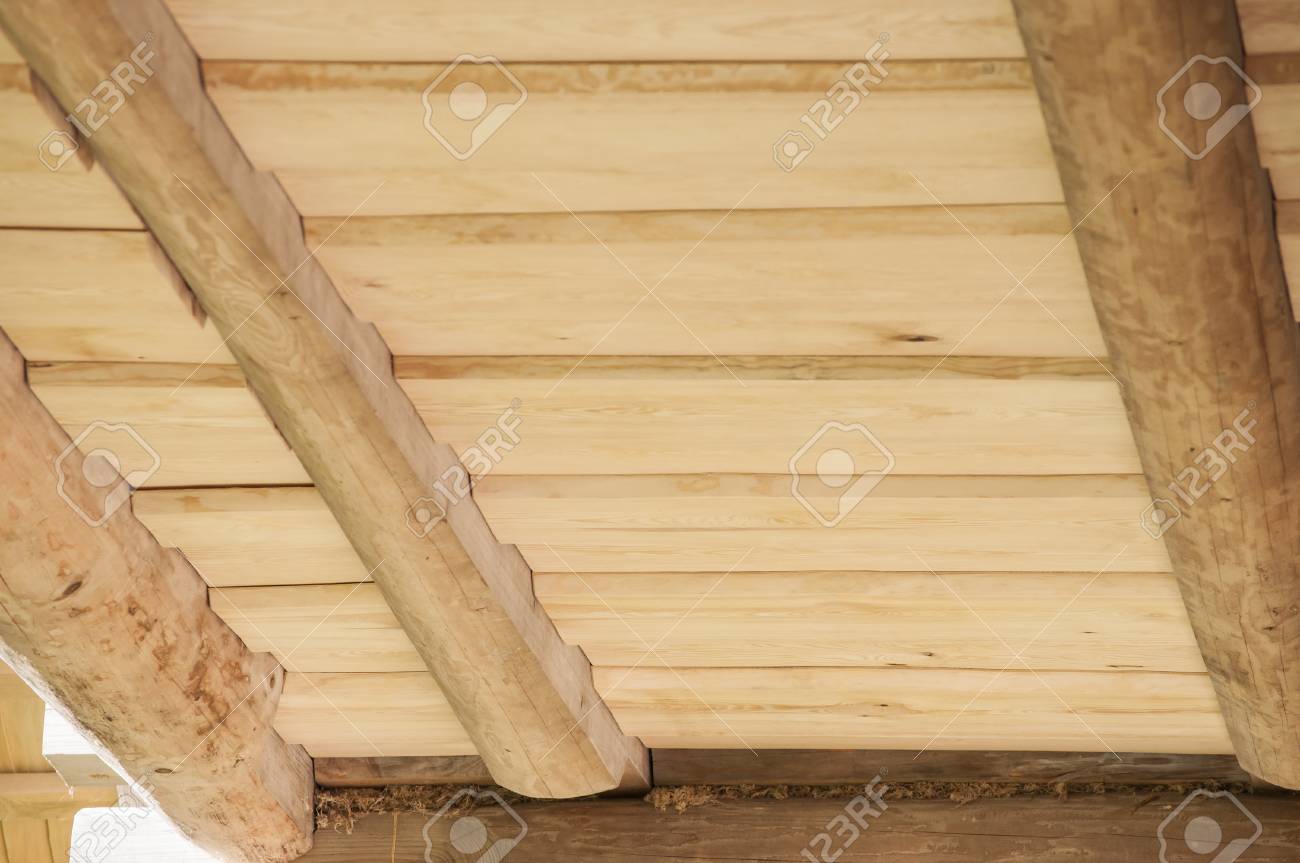 Ceiling Of Wooden Planks From Pine Without Peel For Log House