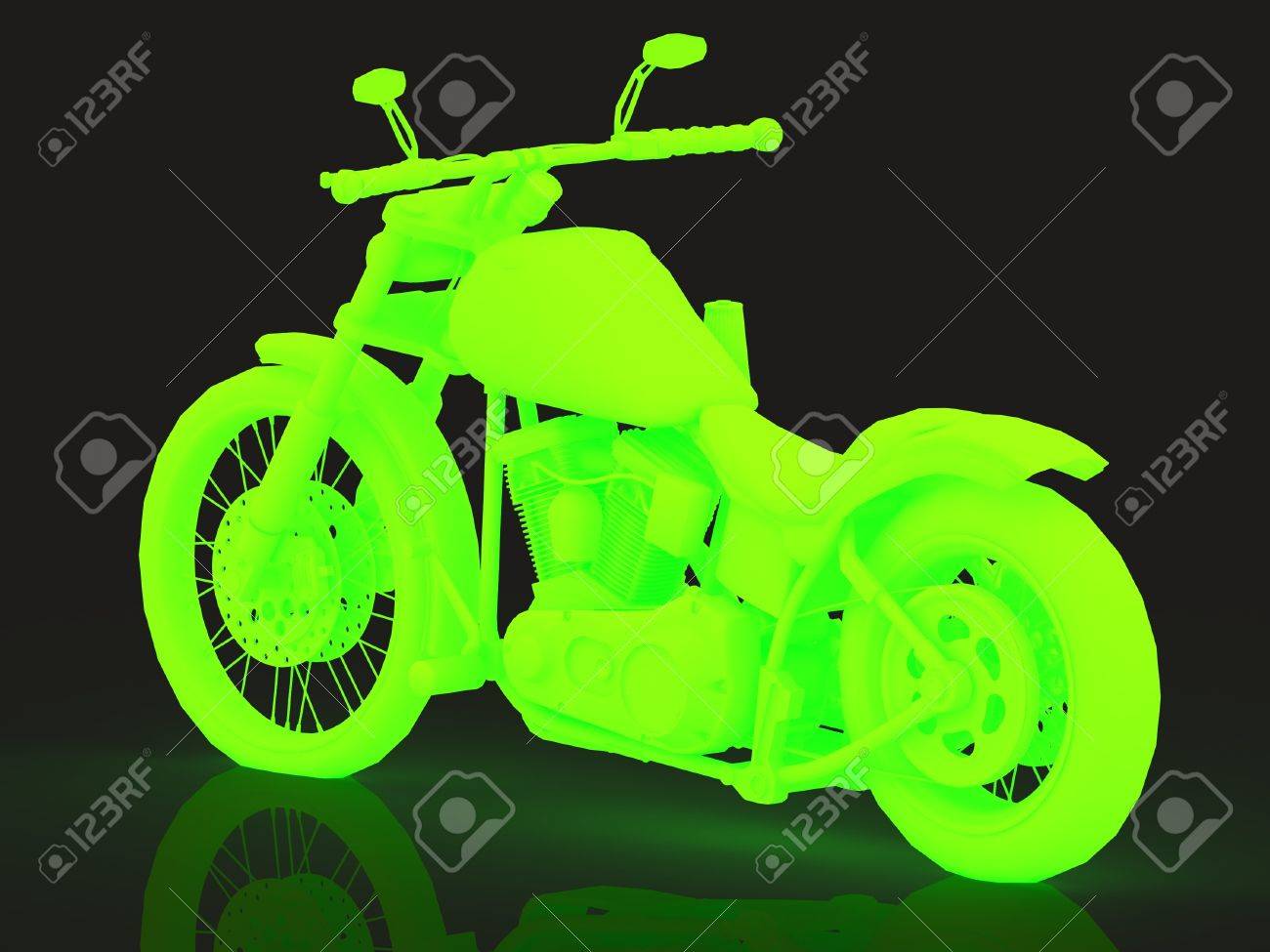 concept of green glowing motorcycle on a dark background stock photo