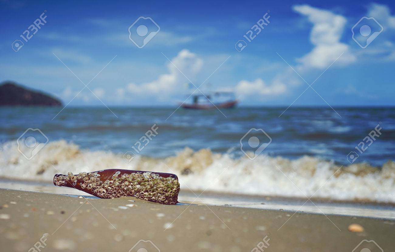 Mer Gland Colonie Sur Une Bouteille En Verre Brun Deverse Polluer A La Plage De Sable Eclaboussure Des Vagues De La Mer Et Le Ciel Bleu En Arriere Plan Image Filtree Mise Au