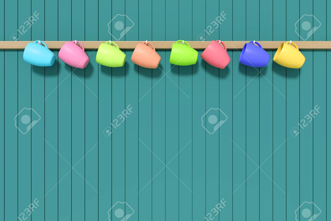 3 D レンダリング かわいいカラフルな多くの陶磁器のコーヒー カップや壁の背景に掛かっている飲料水眼鏡のイラスト 壁にカラフルなコップのセット クローズ アップ の写真素材 画像素材 Image