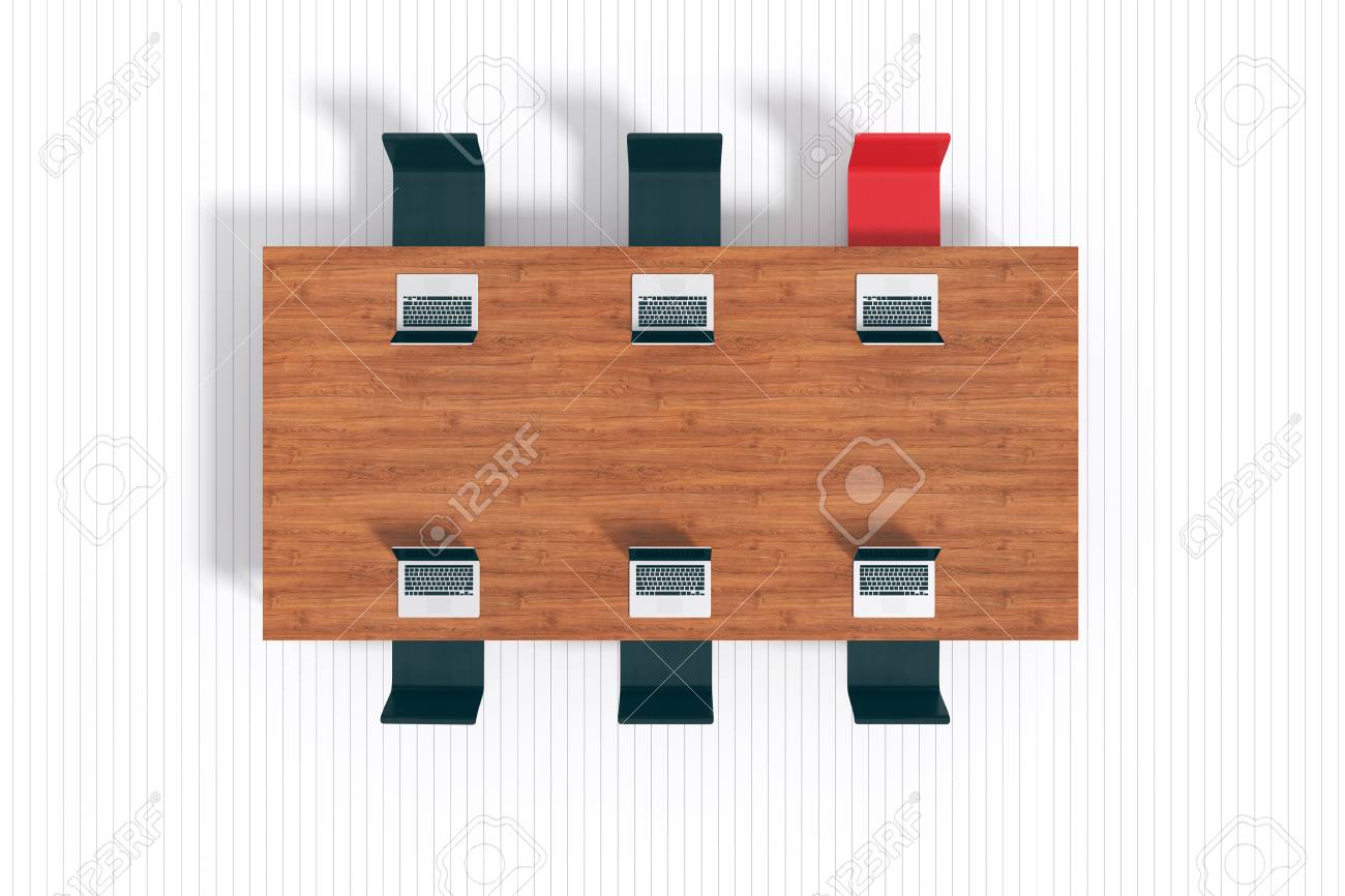 3d Rendering Illustration Of Modern Interior Creative Office With Laptop Conference Lab Work Space Top View Work Place Mock Up Red Chair At Corner It Mean Different Think Concept Stock Photo