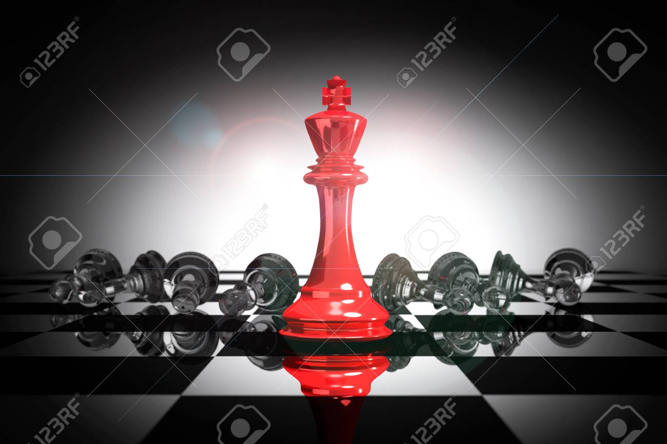 3D Rendering : Illustration Of King Chess Pieces. THE King Chess At The  Center With Overthrow Pawn Chess In The Back. Chess Board With Light Drop  Background. Leader Success Business Concept. Stock