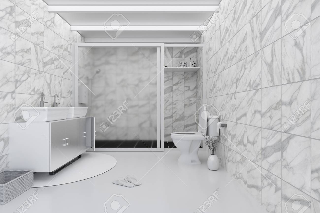 3d Rendering Illustration Of White Toilet And Bathroom With