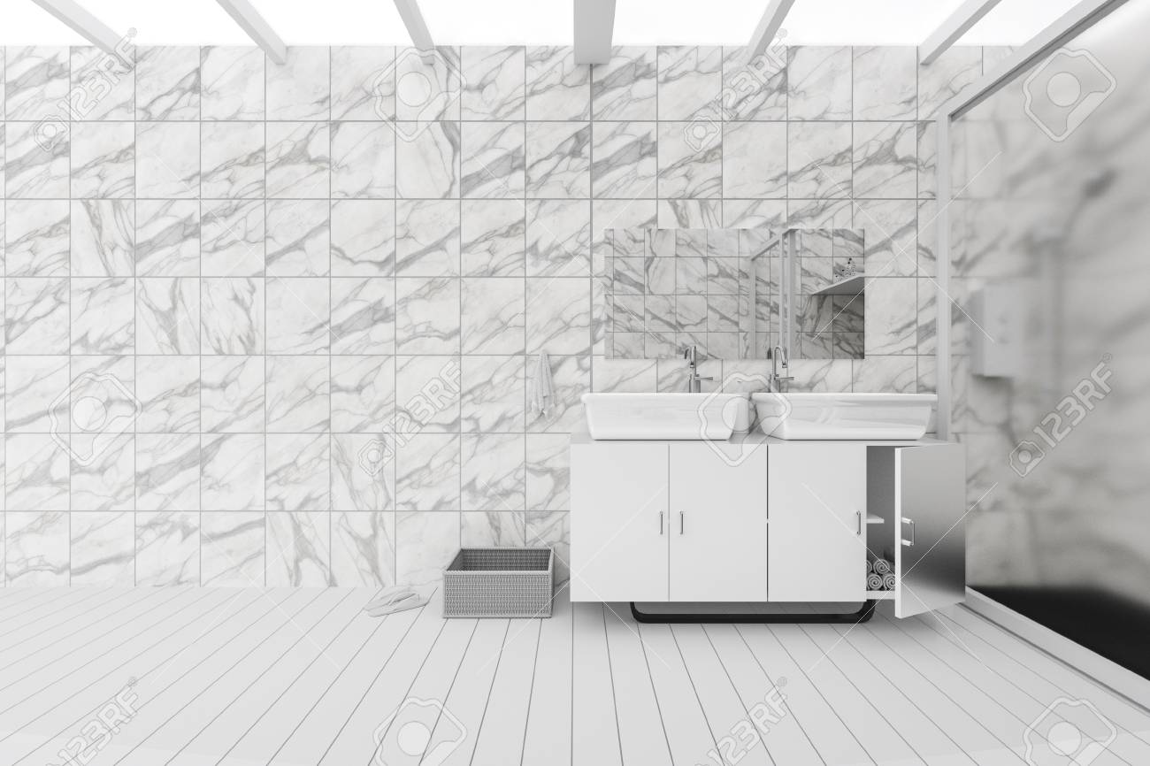 3 D レンダリング 白いトイレとバスルームには大理石のタイル壁と黒い大理石の床のイラスト 棚の上の白いセラミック ボウル 黒と白のモダンなデザインの トイレ 光の外から輝く の写真素材 画像素材 Image