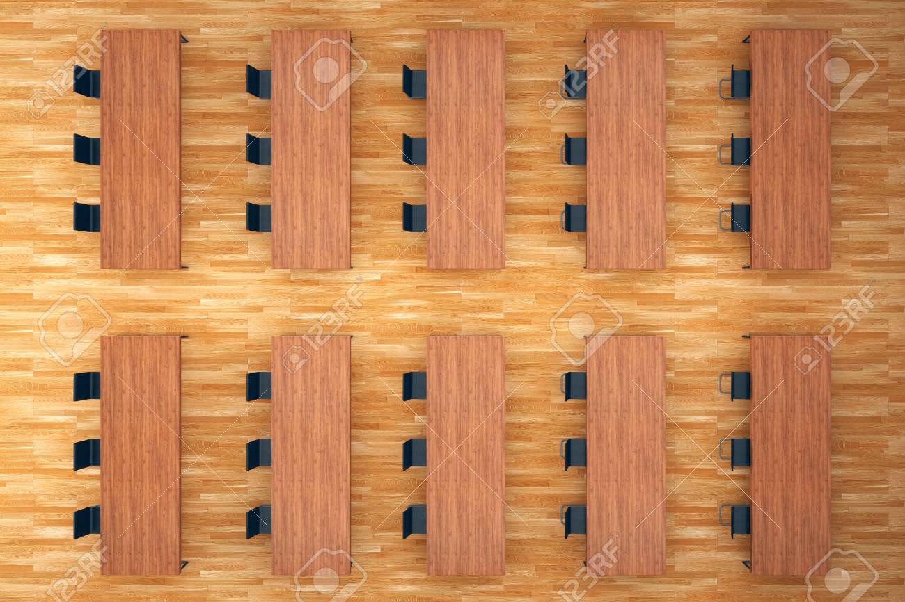 3 D レンダリング 木製のテーブルと黒い椅子モダンなインテリア クリエイティブ オフィスのイラスト 会議室の作業スペース 上から見る職場はモックアップ 労働者概念のセミナー の写真素材 画像素材 Image