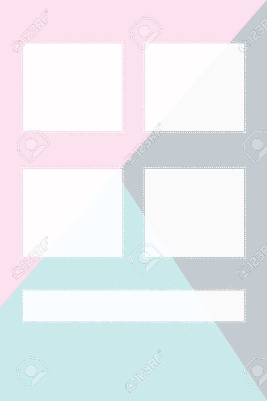 Four square cards made of white paper with a dotted frame and one rectangular card on a tricolor background. Create presentations. - 166361521 Four square cards made of white paper with a dotted frame and one rectangular card on a tricolor background. Create presentations. - 166361521