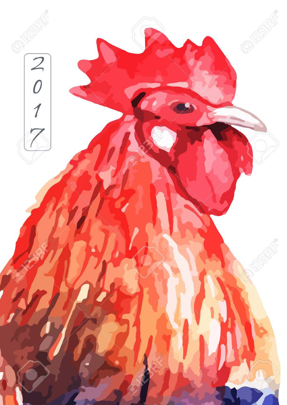 17 のテキストを白い背景のベクトル水彩火災コック 中国語カレンダー干支酉の 17 年 水彩で隔離された鳥 のイラスト素材 ベクタ Image