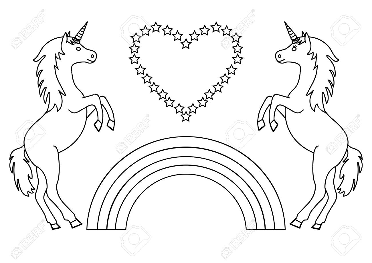 Pareja De Unicornios Con Arco Iris Y Corazon Con Estrellas Dibujo Para Colorear Para Ninos Ilustracion Vectorial Ilustraciones Vectoriales Clip Art Vectorizado Libre De Derechos Image