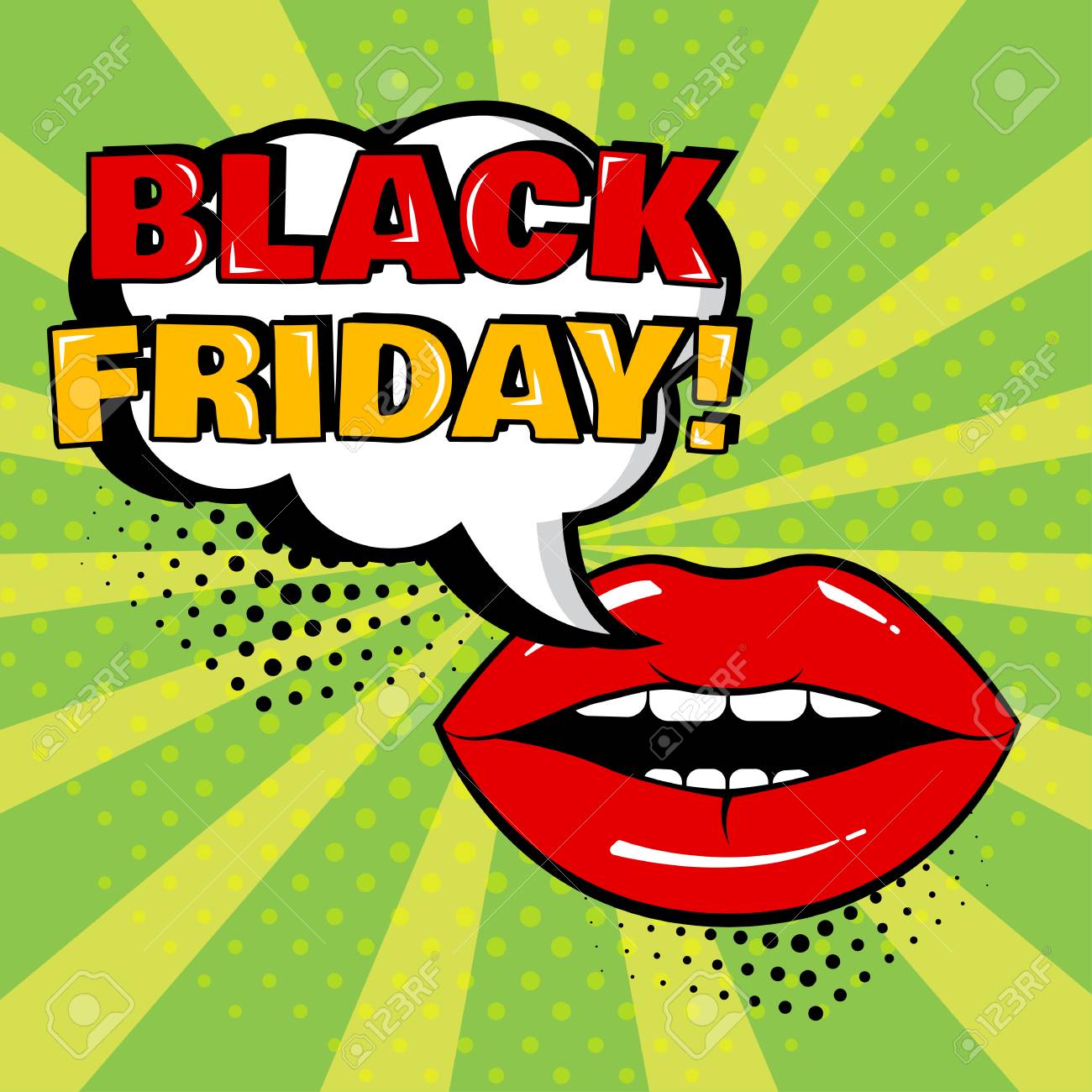 White Comic Bubble With Black Friday Word And Red Lips On Green