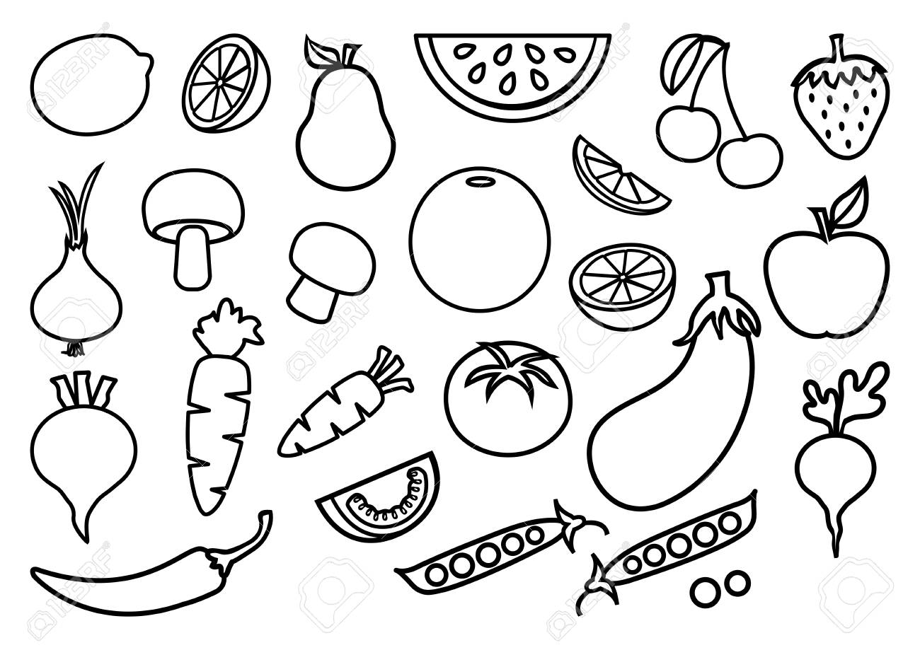 Set Of Vegetables And Fruits, Black Outline Design. Vector Illustration  Royalty Free SVG, Cliparts, Vectors, and Stock Illustration. Image  126718185., image size:1300x919
