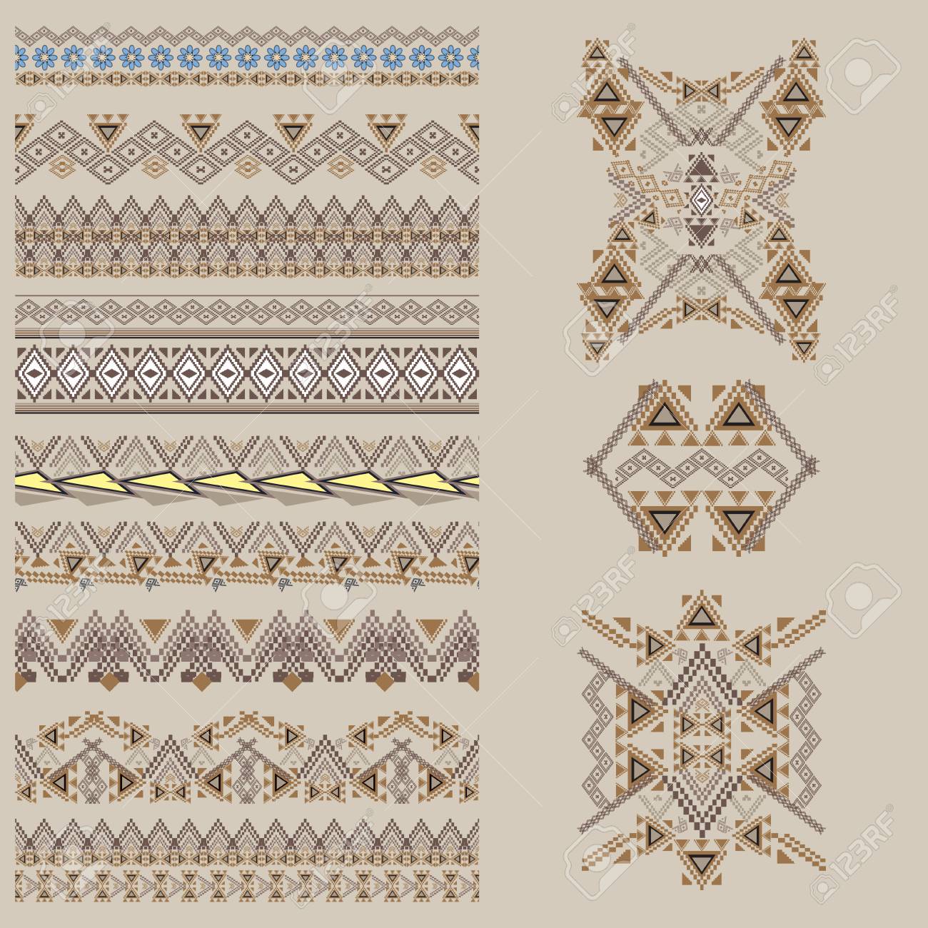 デザインとエスニック トライバル スタイルでファッションの装飾的な要素のベクトルを設定します 枠線とパターンのコレクションです アステカ族の装飾品のイラスト素材 ベクタ Image