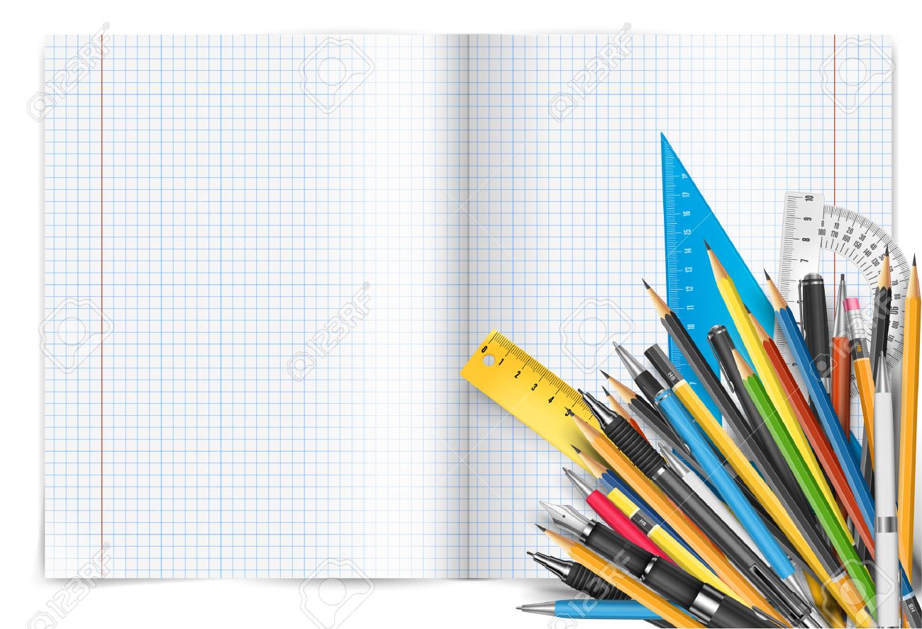 Vector back to school theme. Exercise book with math spread and twisted page, pens and pencils. - 43890730 Vector back to school theme. Exercise book with math spread and twisted page, pens and pencils. - 43890730