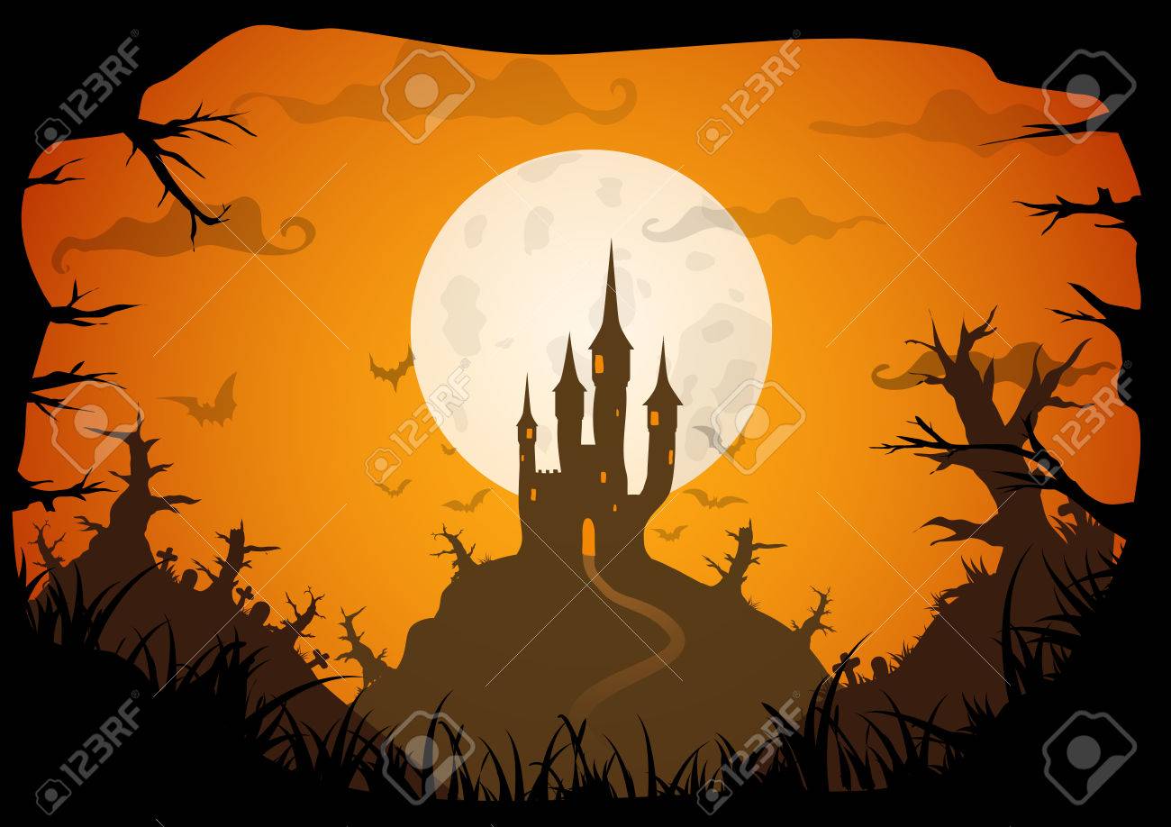 Halloween Orangefarbene Plakat Spooky Schloss Mit Vollmond Horizontal A3 Format Grosse Vektor Hintergrund Lizenzfrei Nutzbare Vektorgrafiken Clip Arts Illustrationen Image