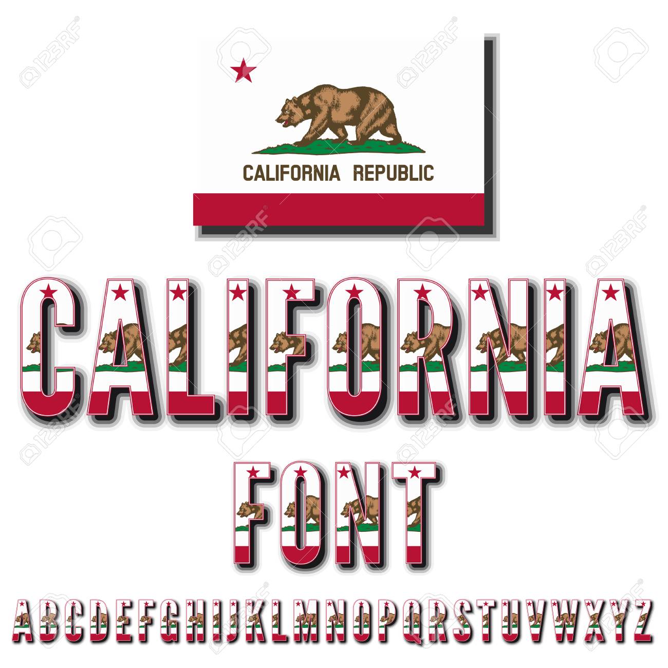 California USA State Flag Font Alphabet Stylized By Vector Typeset Stock California USA State Flag Font Alphabet Stylized By Vector Typeset Stock