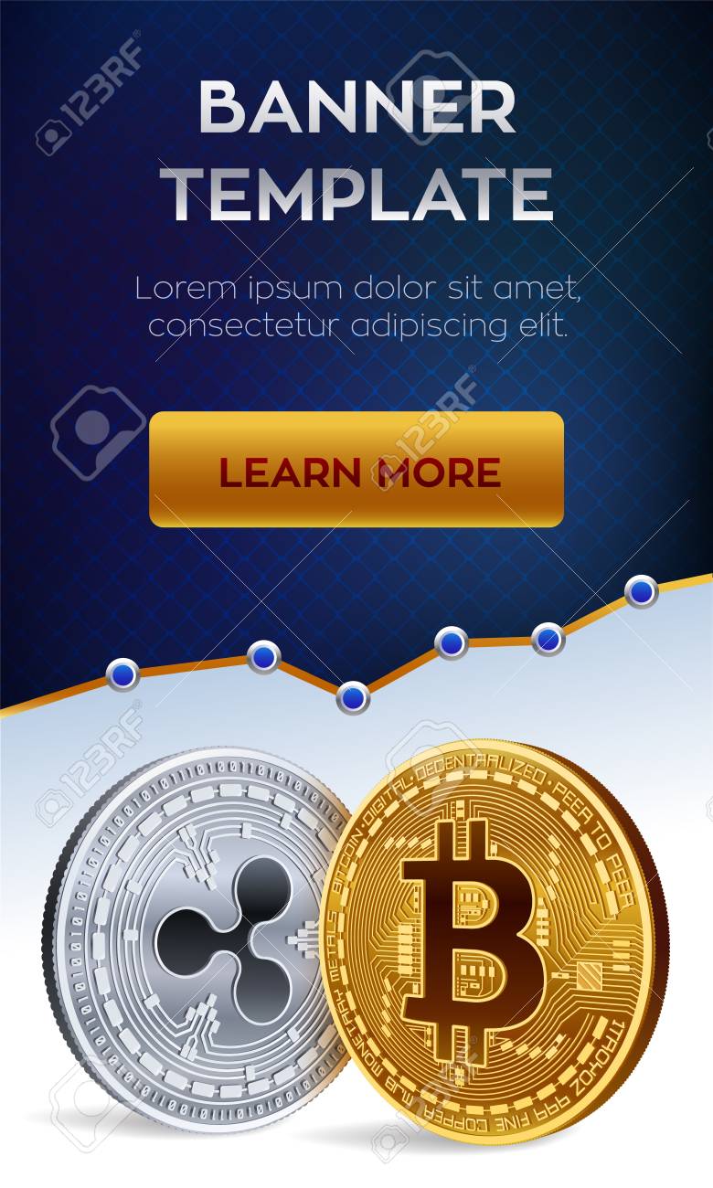 暗号通貨編集可能なバナーテンプレート。ビットコイン。リップル。3Dアイソメトリック物理ビットコイン。ゴールデンビットコインとシバーリップルコイン。ストック  ベクトルの図のイラスト素材・ベクター Image 96518944