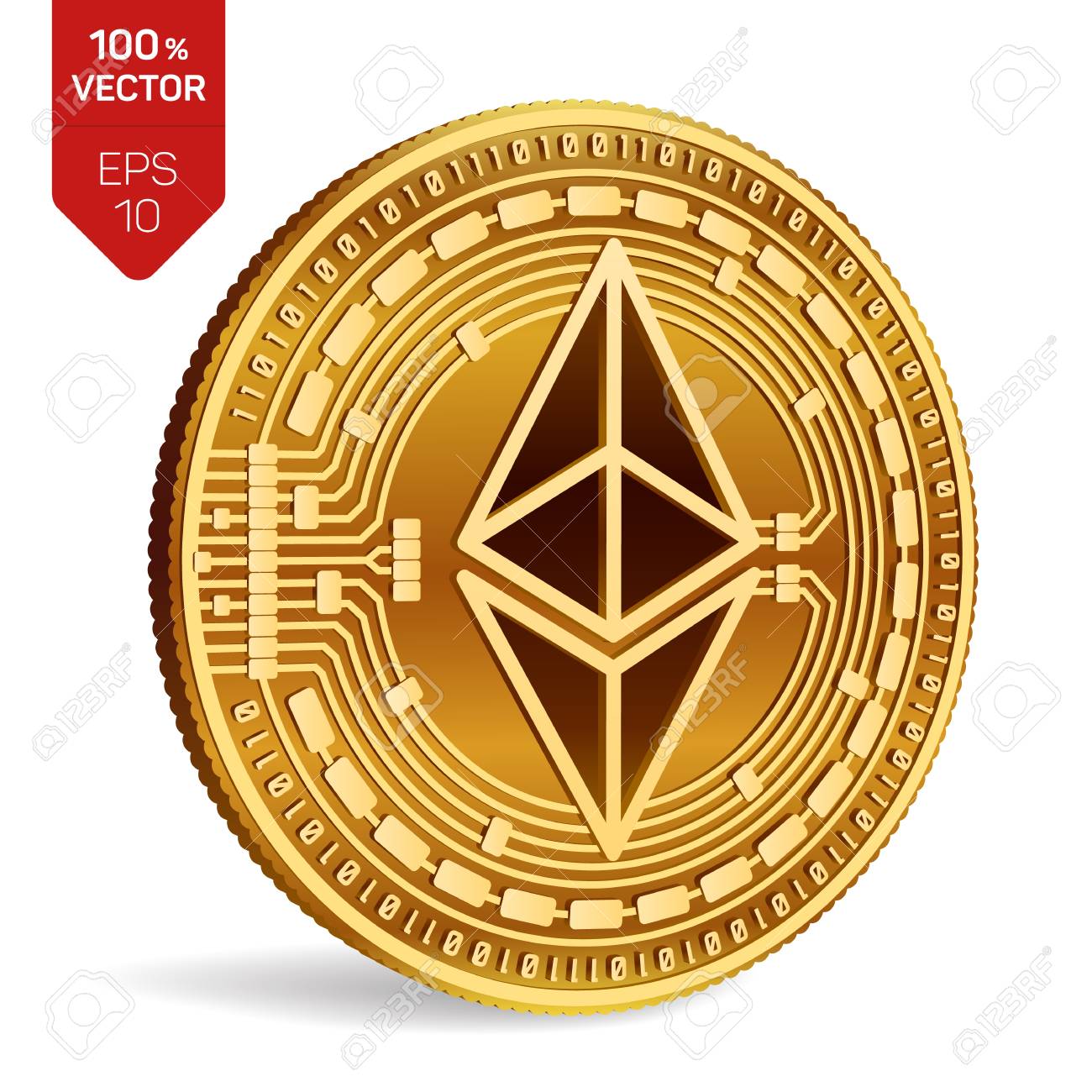 이더 리움. 3D 아이소 메트릭 실제 동전. 디지털 통화. 암호 화폐. 이더 리움 기호 흰색 배경에 고립 된 황금 동전. 벡터 일러스트  레이 션 로열티 무료 사진, 그림, 이미지 그리고 스톡포토그래피. Image