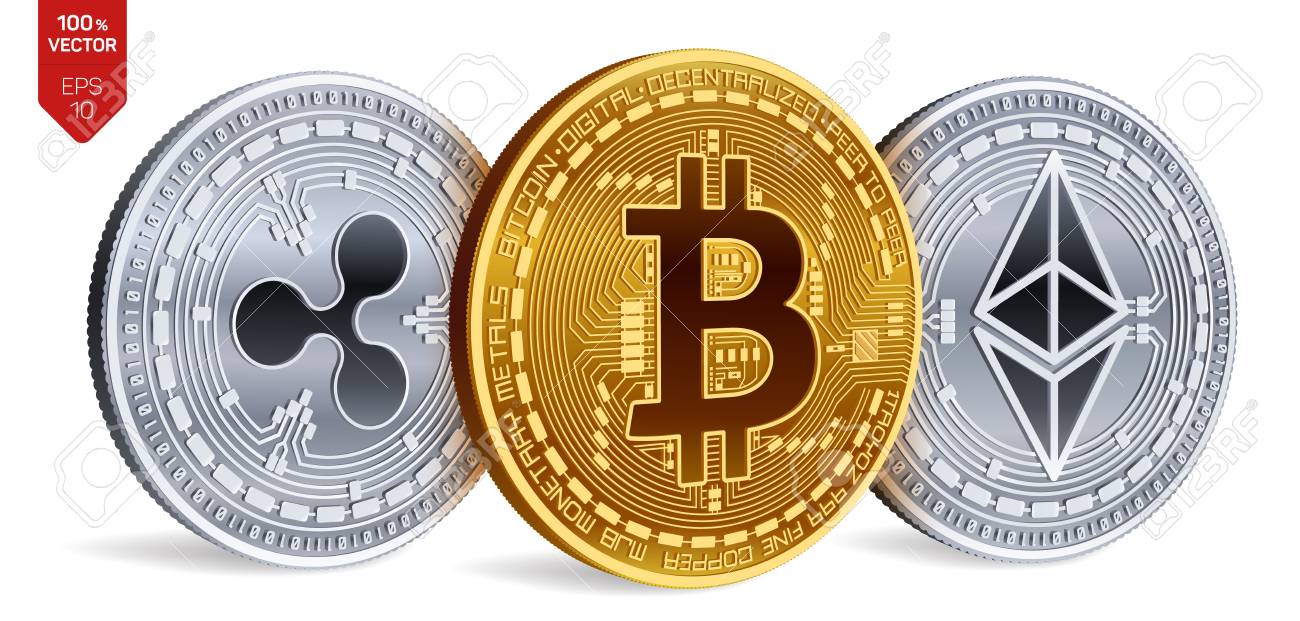 비트 코인. 리플. 이더 리움. 3D 아이소 메트릭 실제 동전. 디지털 통화. 암호 화폐. 흰색 배경에 Bitcoin, 리플 및  Ethereum 기호로 은색과 황금 동전. 벡터 일러스트 레이 션 로열티 무료 사진, 그림,