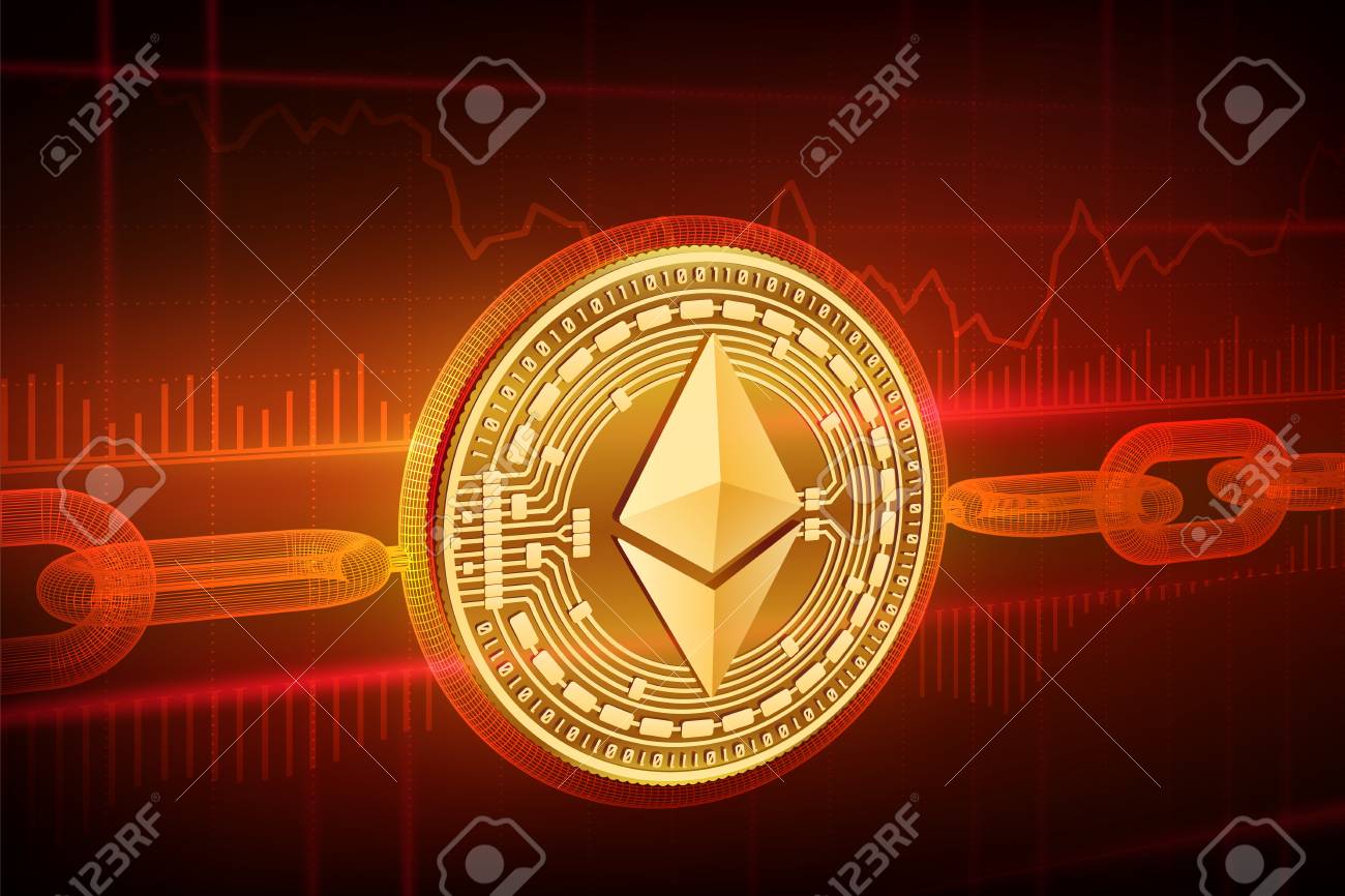 암호화 통화. 블록 체인. 이더 리움. 와이어 프레임 체인 3D 아이소 메트릭 물리적 황금 이더 리움 동전. 블록 체인 개념. 편집  가능한 암호 화폐 템플릿. 스톡 벡터 일러스트 레이 션 로열티 무료