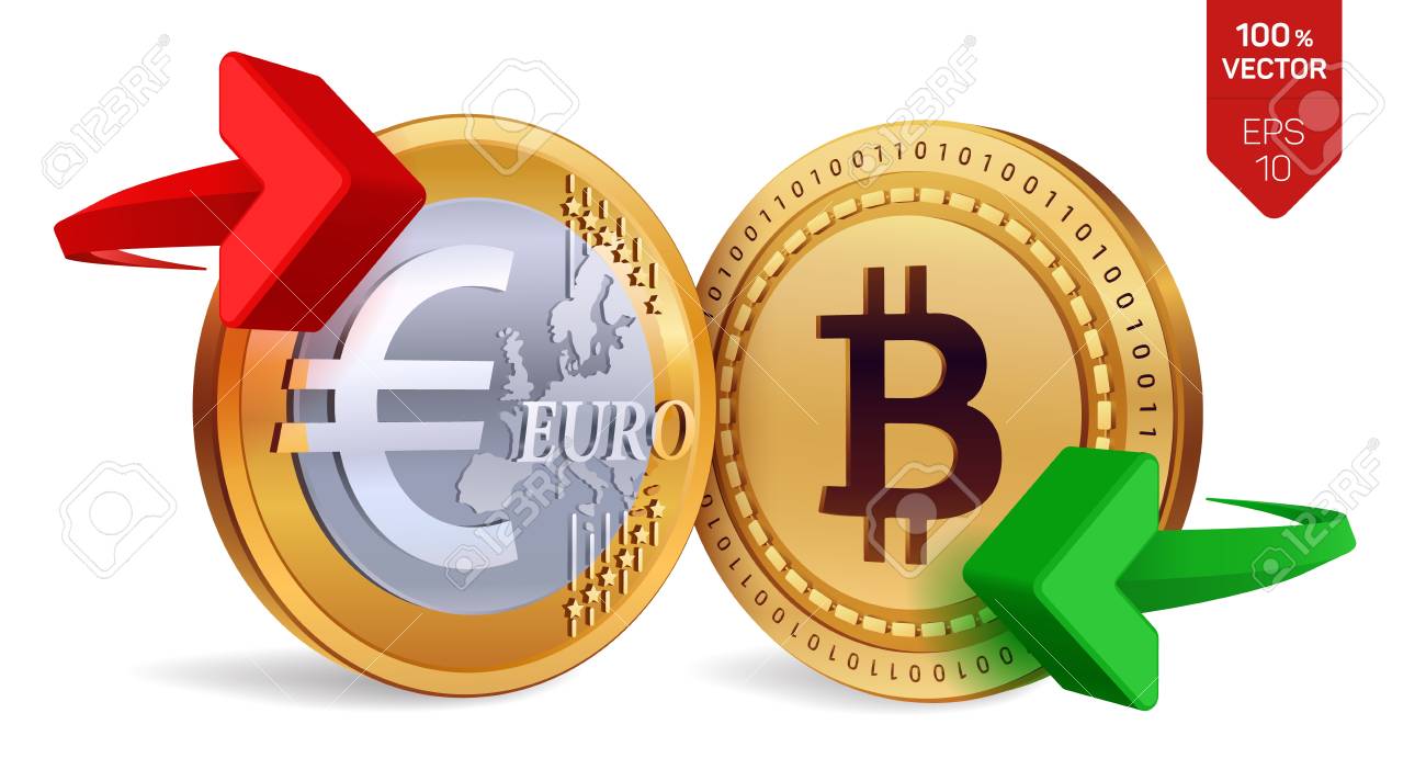 Cambio De Moneda Bitcoin A Euro. Bitcoin. Moneda Euro. Criptomoneda.  Monedas De Oro Con Símbolo De Bitcoin Y Euro Con Flechas Verdes Y Rojas.  Monedas Físicas Isométricas 3D. Ilustración Vectorial Ilustraciones svg,