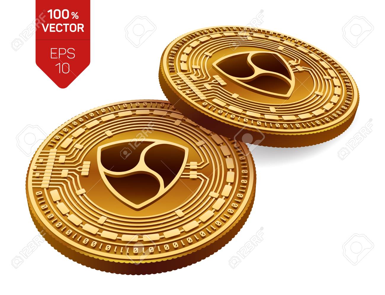 넴. 암호화폐. 3D 아이소메트릭 실제 동전입니다. 디지털 화폐. 흰색 배경에 고립 된 Nem 기호로 황금 동전. 벡터 일러스트 레이  션 로열티 무료 사진, 그림, 이미지 그리고 스톡포토그래피. Image 102959433