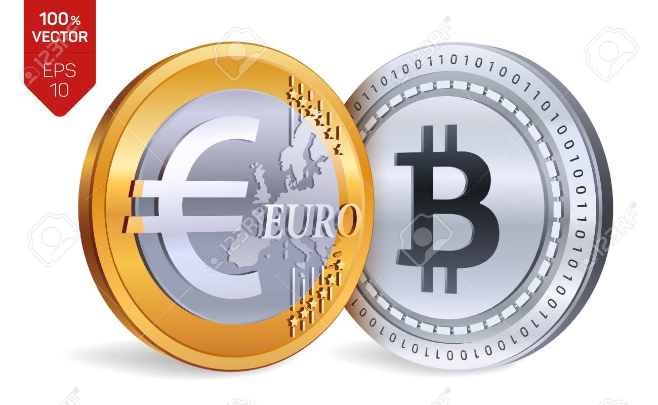 Bitcoin. Euro Coin. 3D Isometric Physical Coins. Digital Currency ...