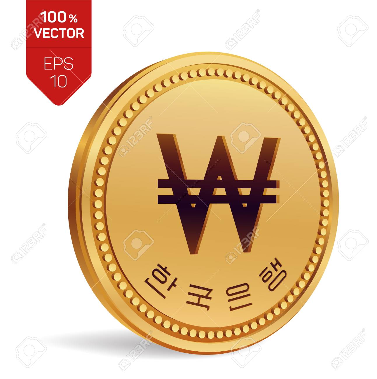 ウォン。韓国ウォンコイン。ウォン記号と韓国の韓国銀行のテキストと白の背景に隔離されたリアルな3D等角物理コイン。韓国通貨硬貨。ベクターの図。のイラスト素材・ベクター  Image 105205836