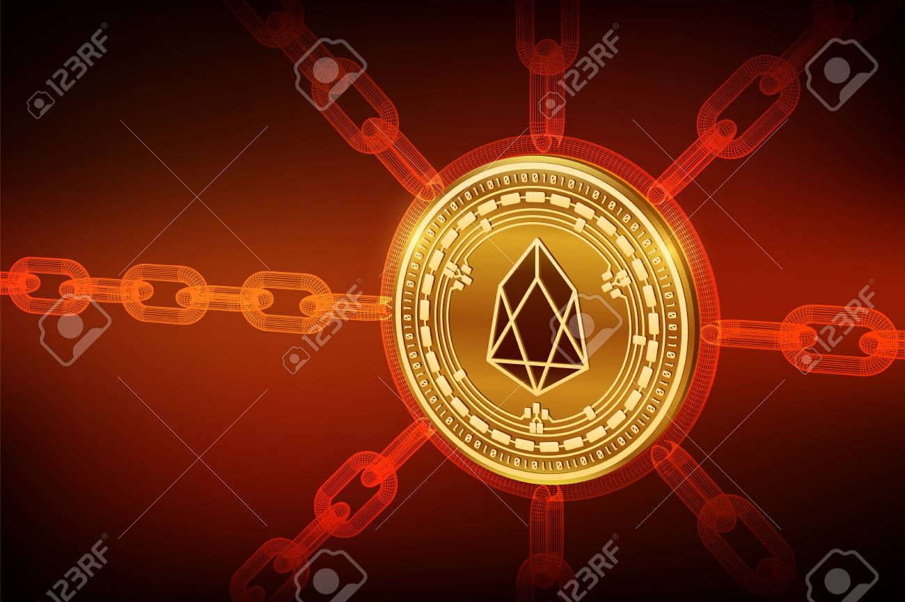 이오스. 암호 화폐. 블록체인. 와이어프레임 체인이 있는 3d 아이소메트릭 물리적 Eos 동전. 블록체인 개념. 편집 가능한 암호 화폐  템플릿. 주식 벡터 일러스트 레이 션 로열티 무료 사진, 그림, 이미지 그리고 스톡포토그래피. Image